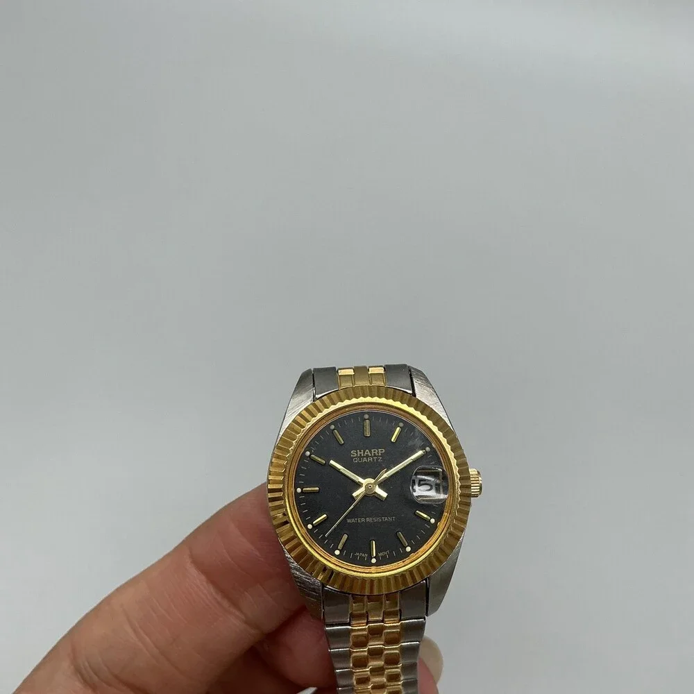 Vintage Sharp Womens Watch 24mm Black Dial Two Tone Stretch Band New Battery