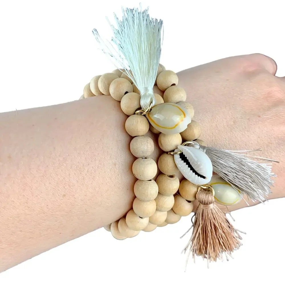 Wood Bead Stretch Bracelet Cowrie Shell and Tassel Boho Wooden Lot of 3
