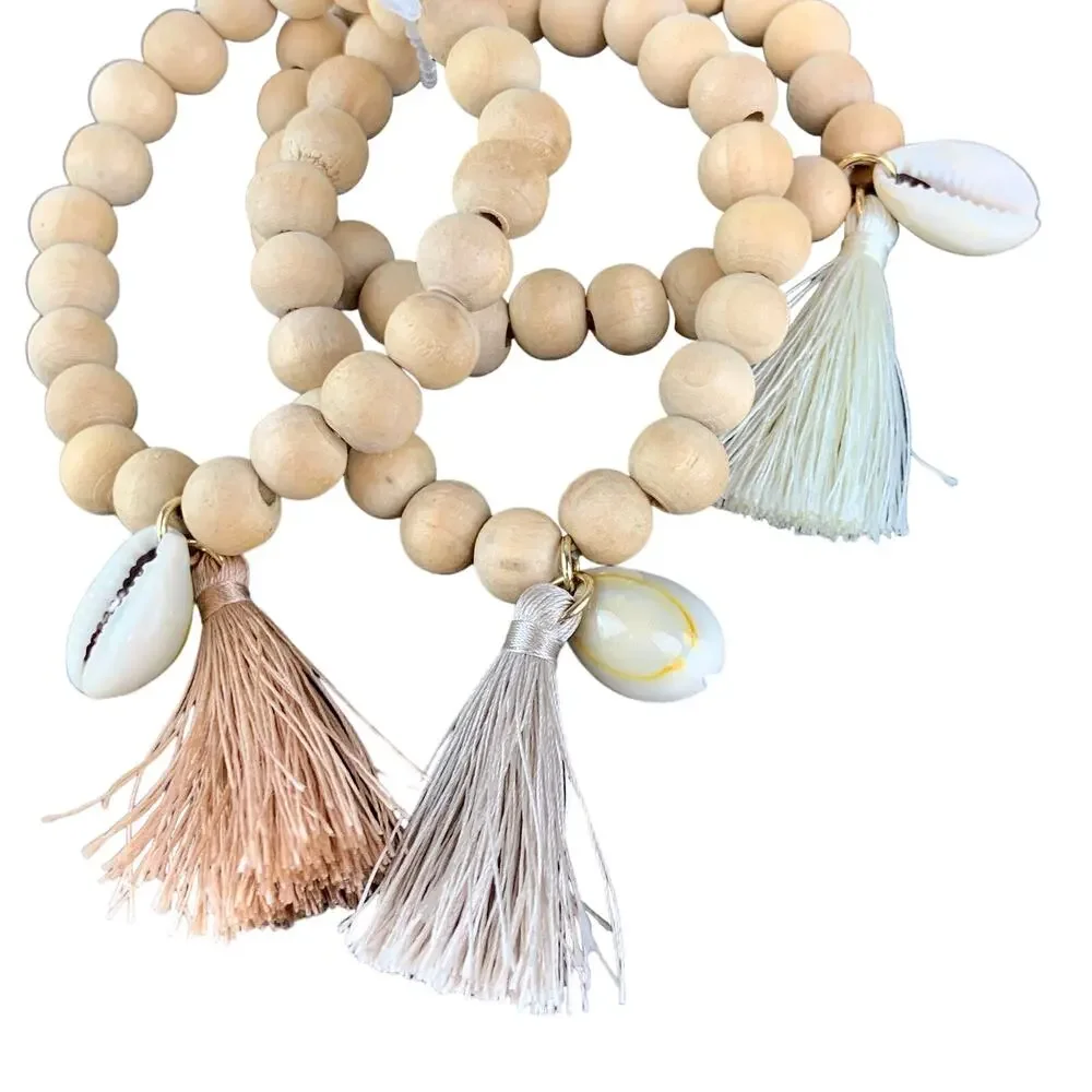 Wood Bead Stretch Bracelet Cowrie Shell and Tassel Boho Wooden Lot of 3