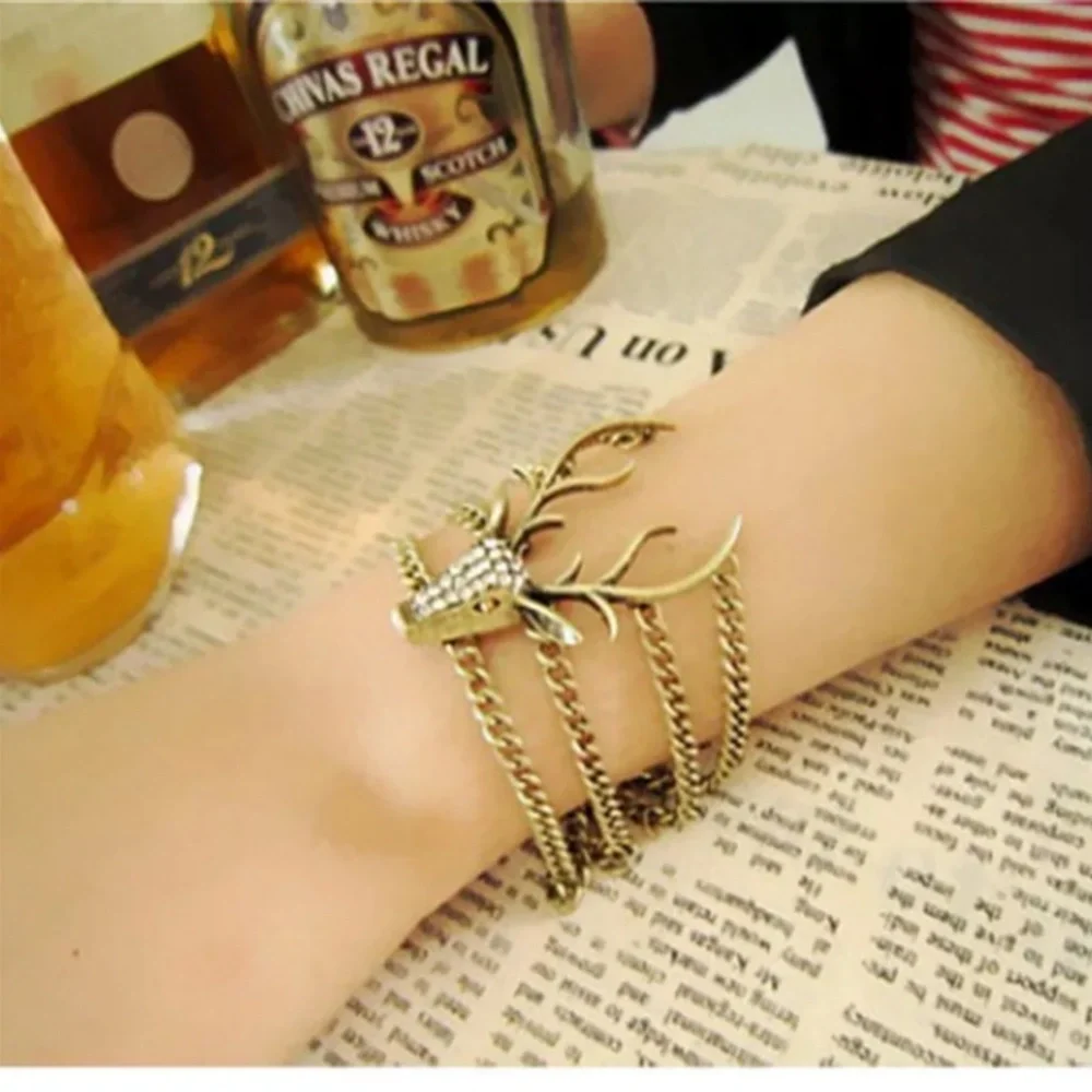 Antique Rhinestone Gold Deer Chain Bracelet
