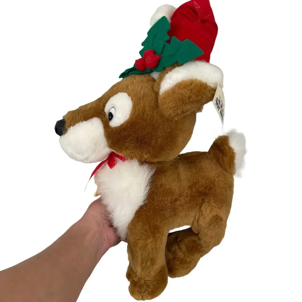 Vintage Reindeer Plush Christmas Stuffed Animal Wearing Santa Hat Toy TAGS