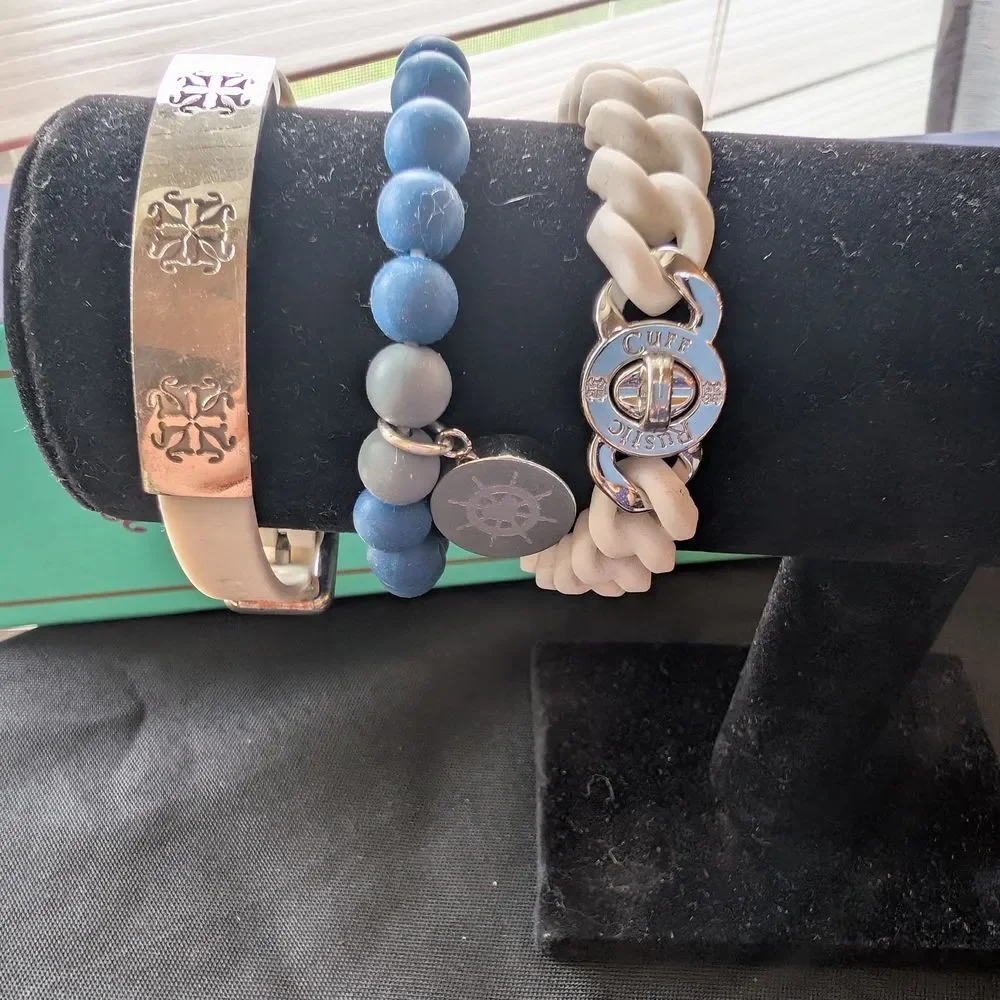 Rustic Cuff Blue, White & Silver Silicone Beaded Bracelets With Nautical Accent