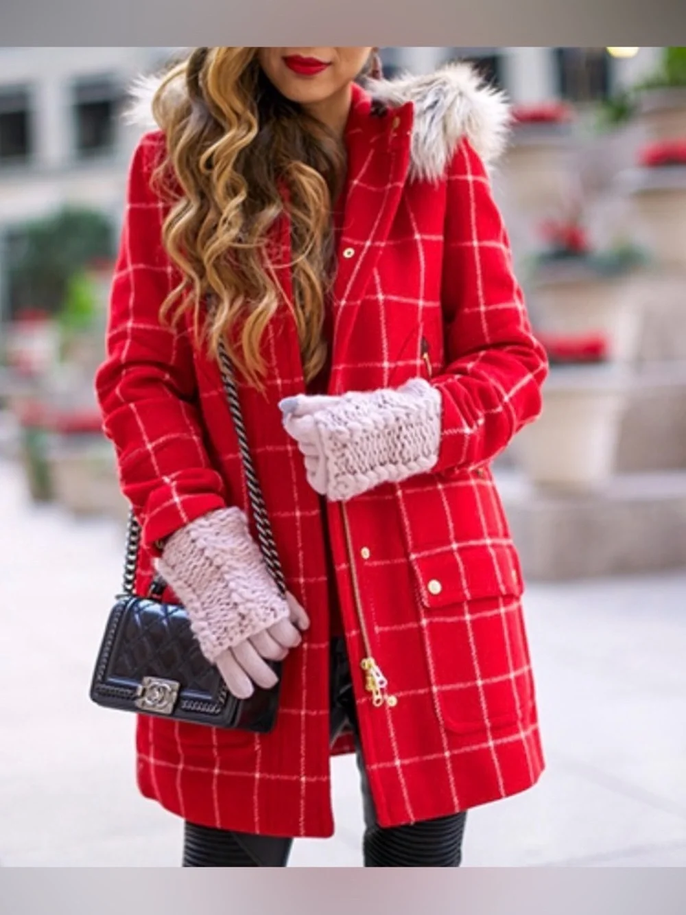 JCrew Chateau Wool Parka Red White Windowpane Plaid Coat w/ Faux Fur Trim Hood 2