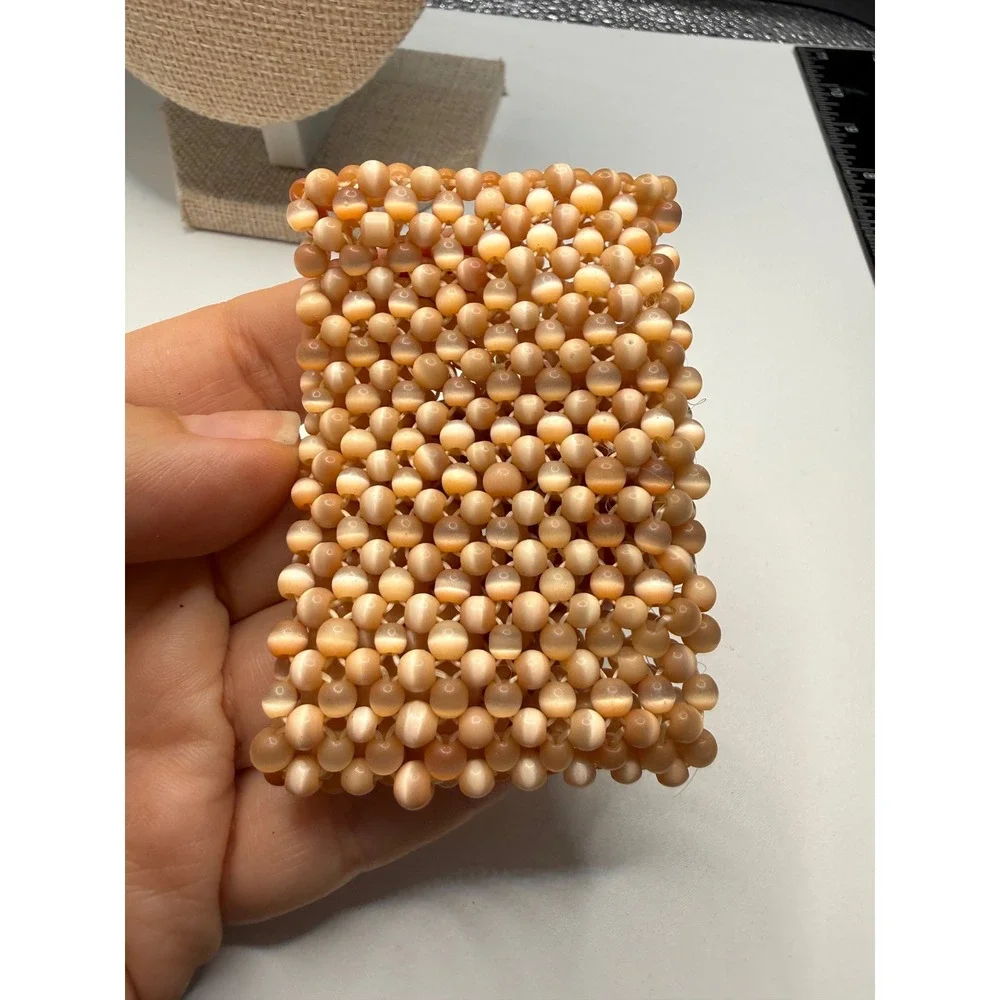Peach Cat Eye Fiber‎ Optic Beaded Stretch Cuff Bracelet Wide Statement Boho Pink