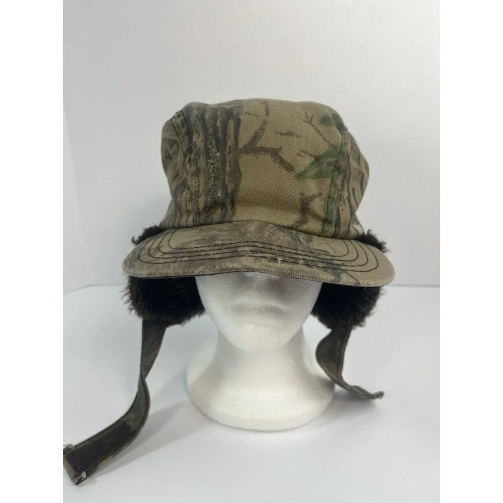 Vintage Realtree Camo Trapper Hat Fur Ear Flap Hunting Cap Made In USA Small