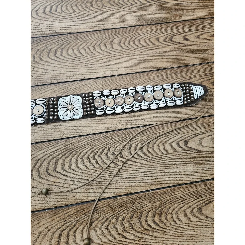 Boho Cowrie Shell Wooden Disc Tie Belt Festival Coastal Western Y2K Aesthetic