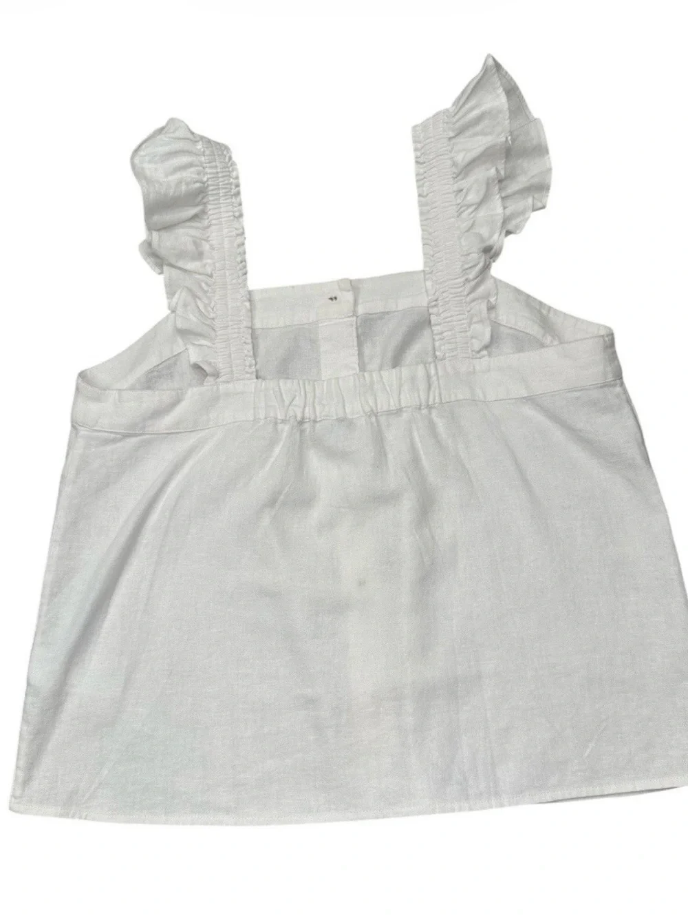 J.CREW White Woven Linen-Viscose Square Neck Ruffle Strap Button Tank M