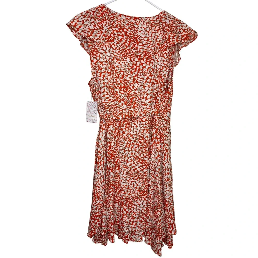 Free People French Quarter Orange Abstract Ruffle Wrap Mini Dress Medium NWT