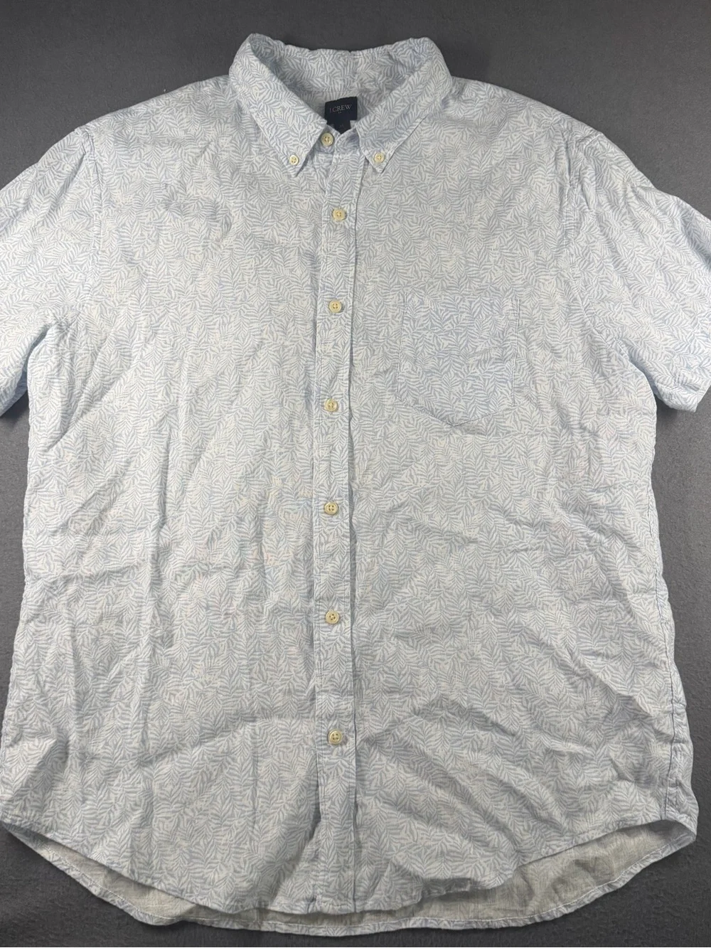 J Crew Linen Blend Button Down Shirt Mens XL Blue White Palm Printed Pocket