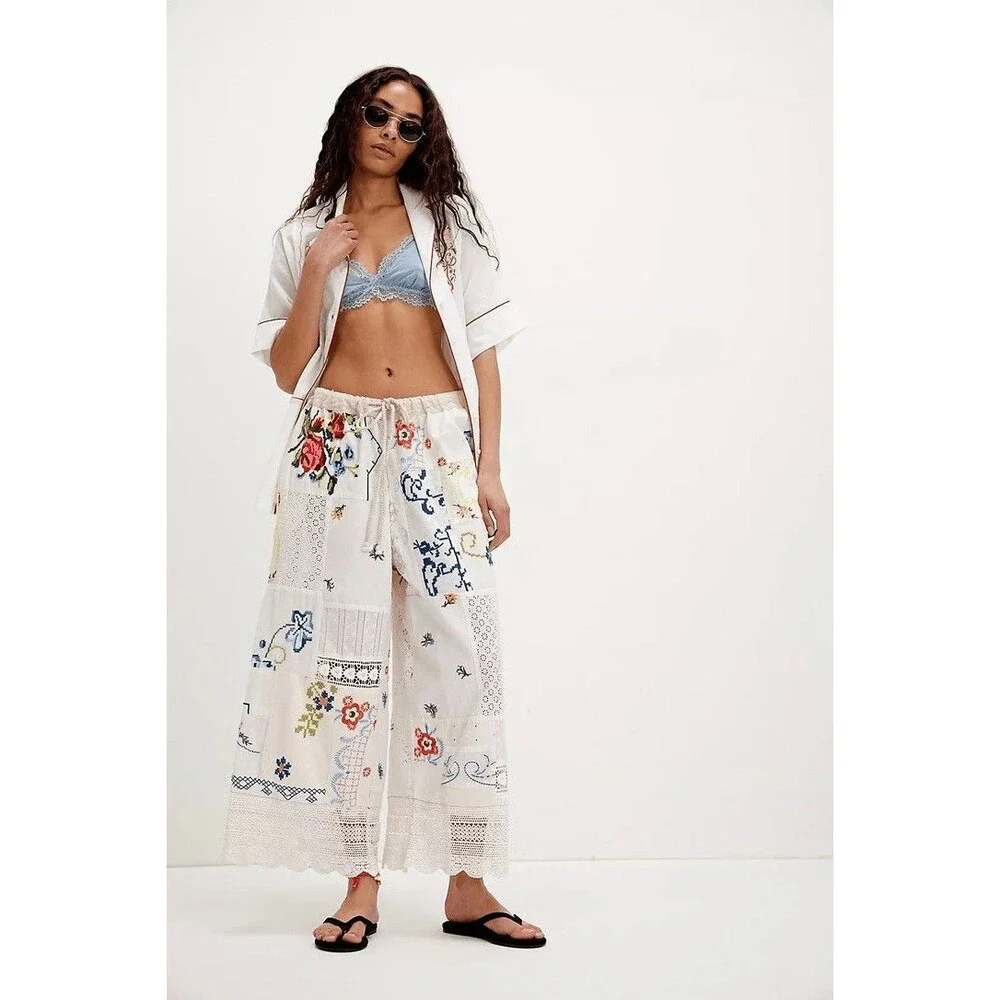 Free People Wallflower Pull-On Pants Embroidered Patchwork  M Flaw