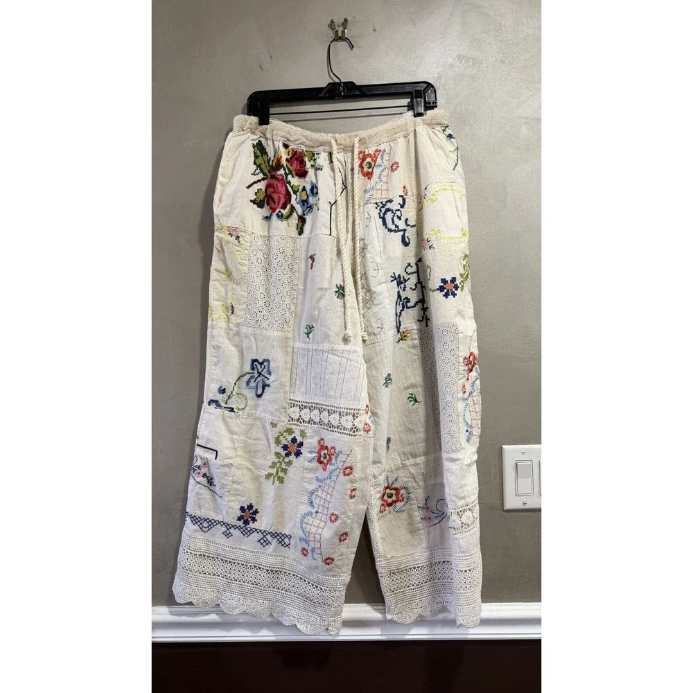 Free People Wallflower Pull-On Pants Embroidered Patchwork  M Flaw