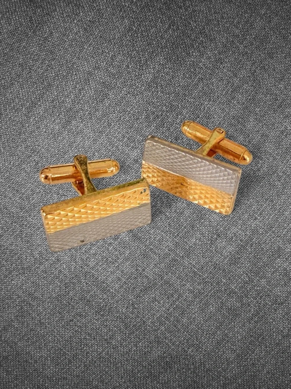 Vintage Gold And Silver Tone Textured Rectangle Cufflinks Pair