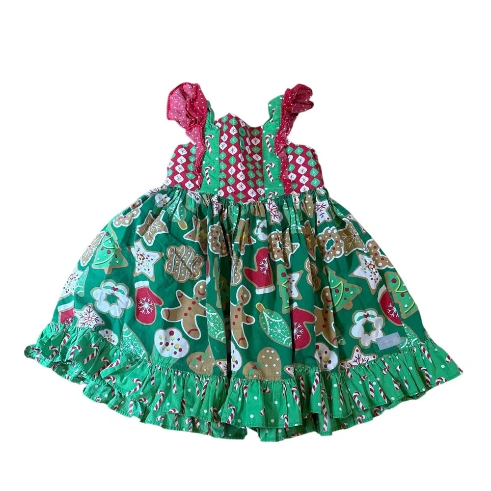 Eleanor Rose Aria Dress Kids Green Christmas Gingerbread Ruffle SIZE 6-7