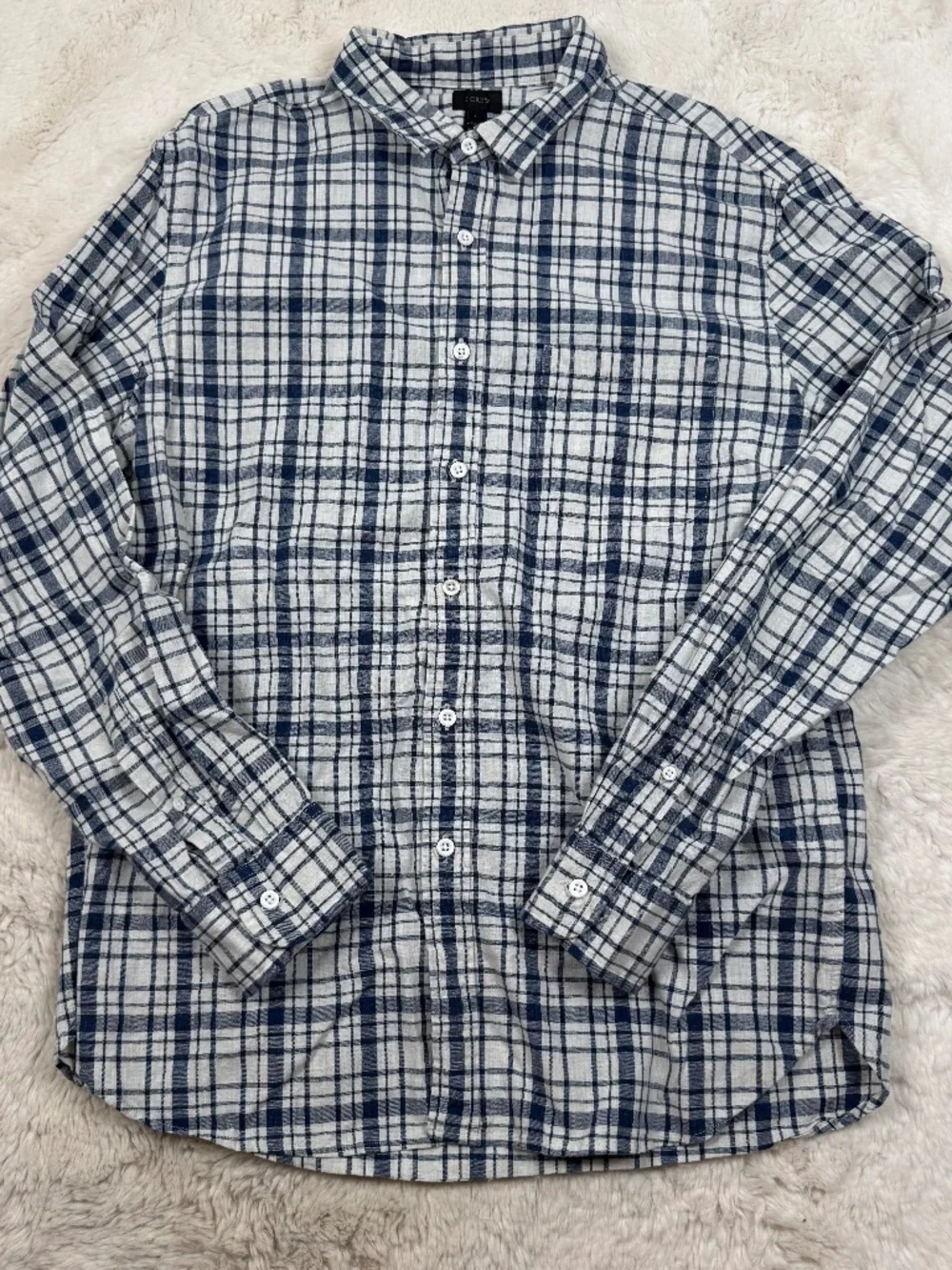 J. Crew Button Down Long Sleeve Shirt Blue White Plaid Check Cotton Men's Large