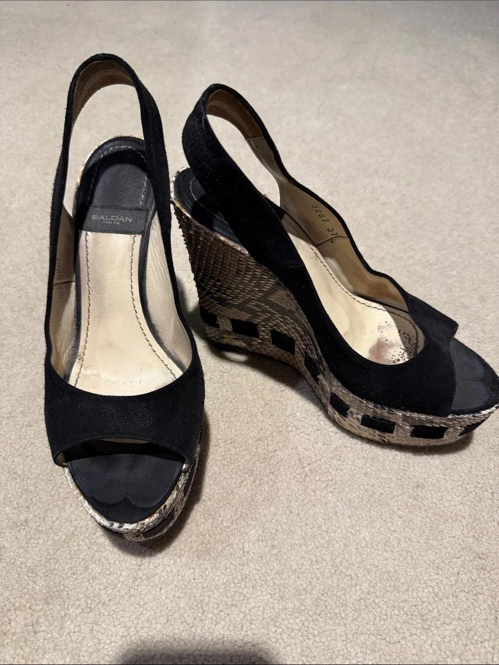 Baldan Black Suede Peep-Toe Wedge Sandals