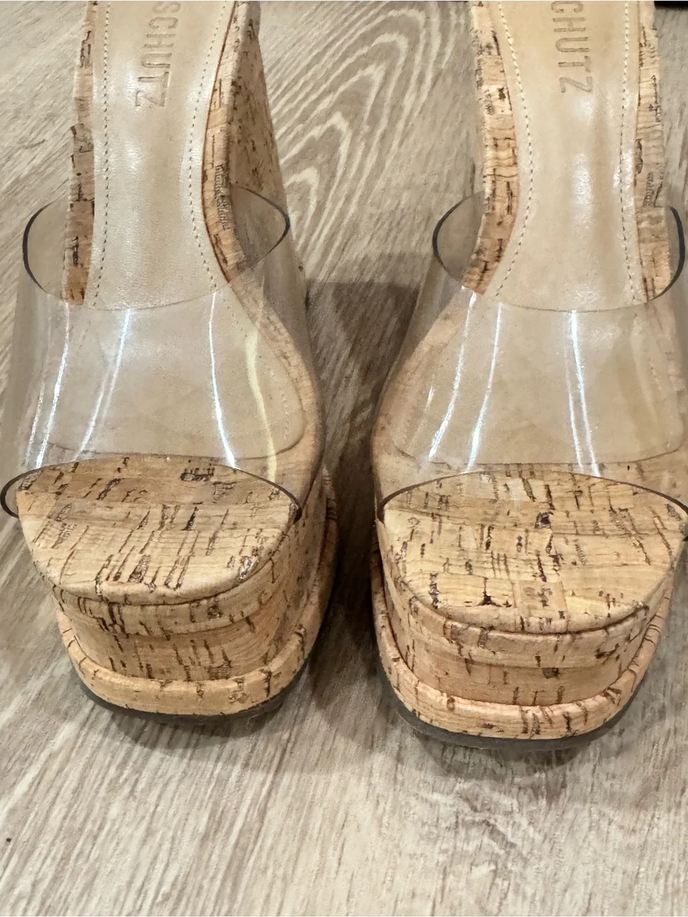 Schutz Dalle Clear Vinyl Cork Platform Wedge Sandals NWOT Women’s 6.5B