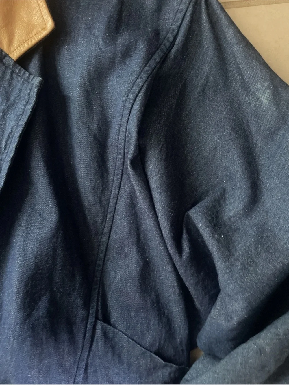 Karen Kane Blue Denim Bomber Jacket with Tan Leather Collar