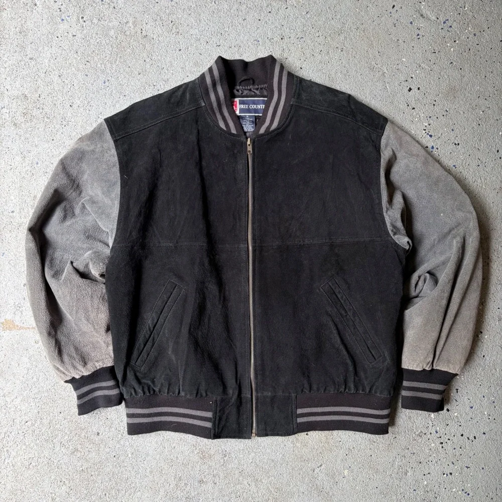 Vintage Free Country Mens Suede Leather Bomber Jacket Black Grey Varsity M