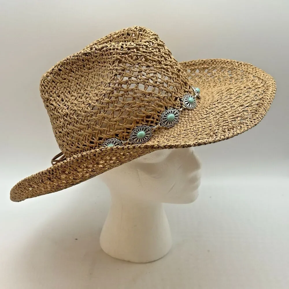 San Diego Hat Company Straw Cowboy Hat Turquoise Conchos Hat Band Wide Brim OSFM