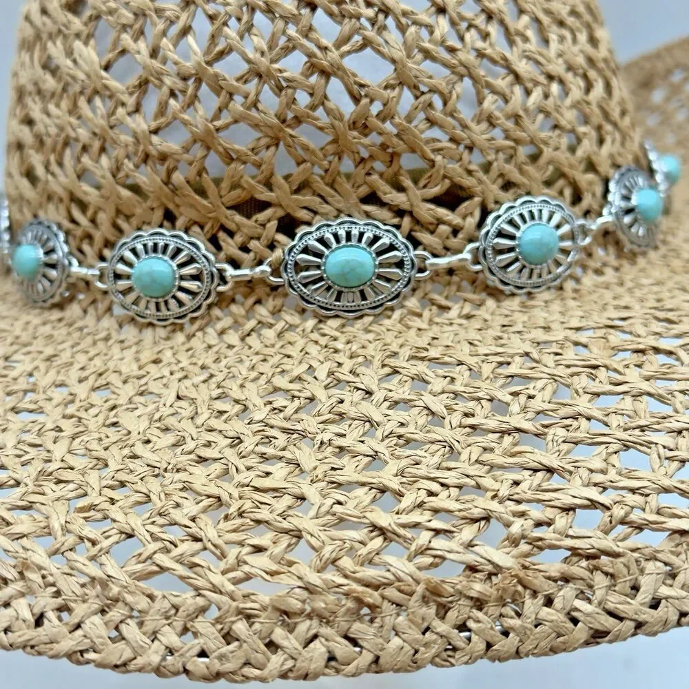 San Diego Hat Company Straw Cowboy Hat Turquoise Conchos Hat Band Wide Brim OSFM