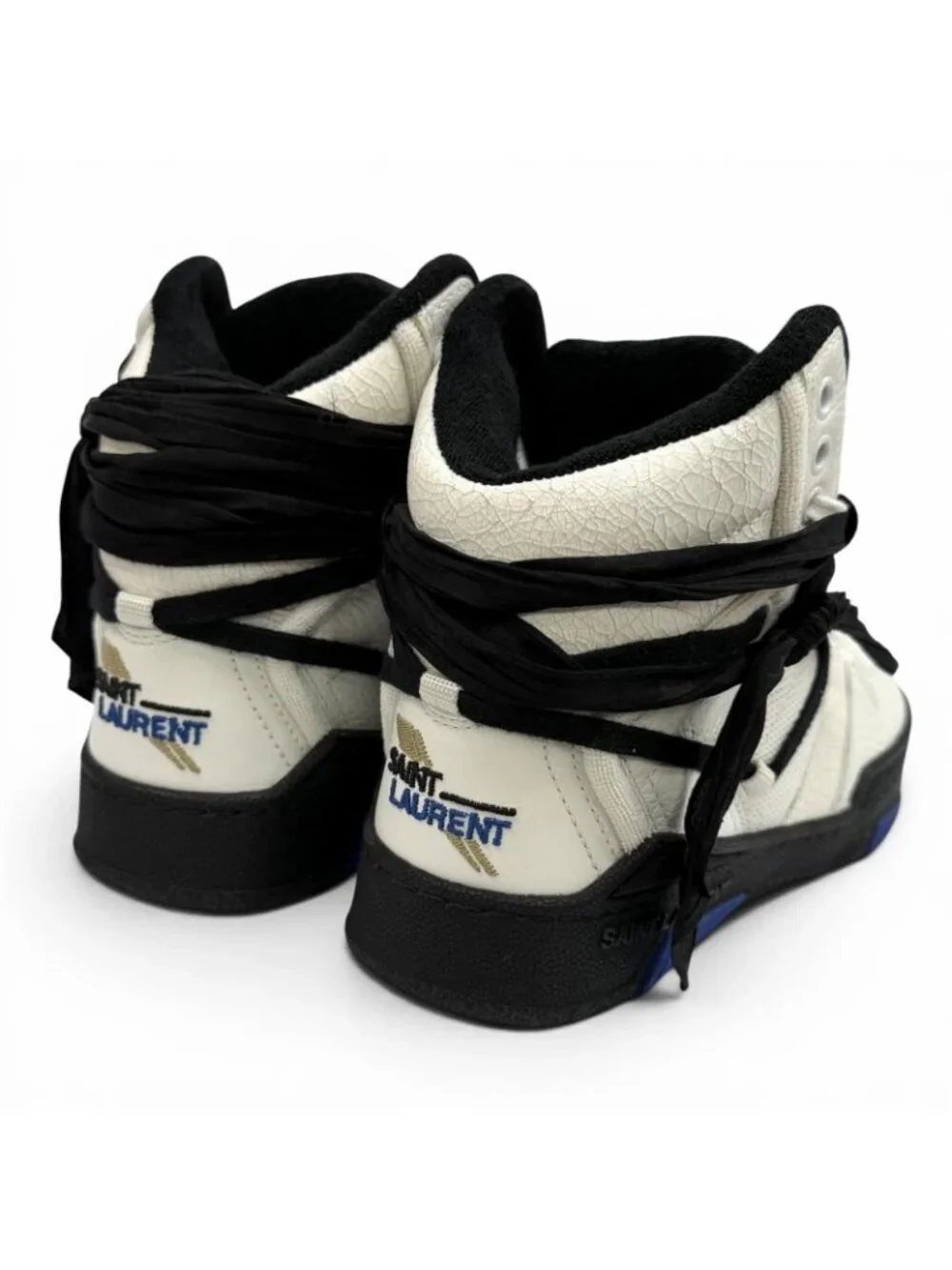 Saint Laurent Smith Logo Embroidered Lace Up Leather High Cut Sneakers White