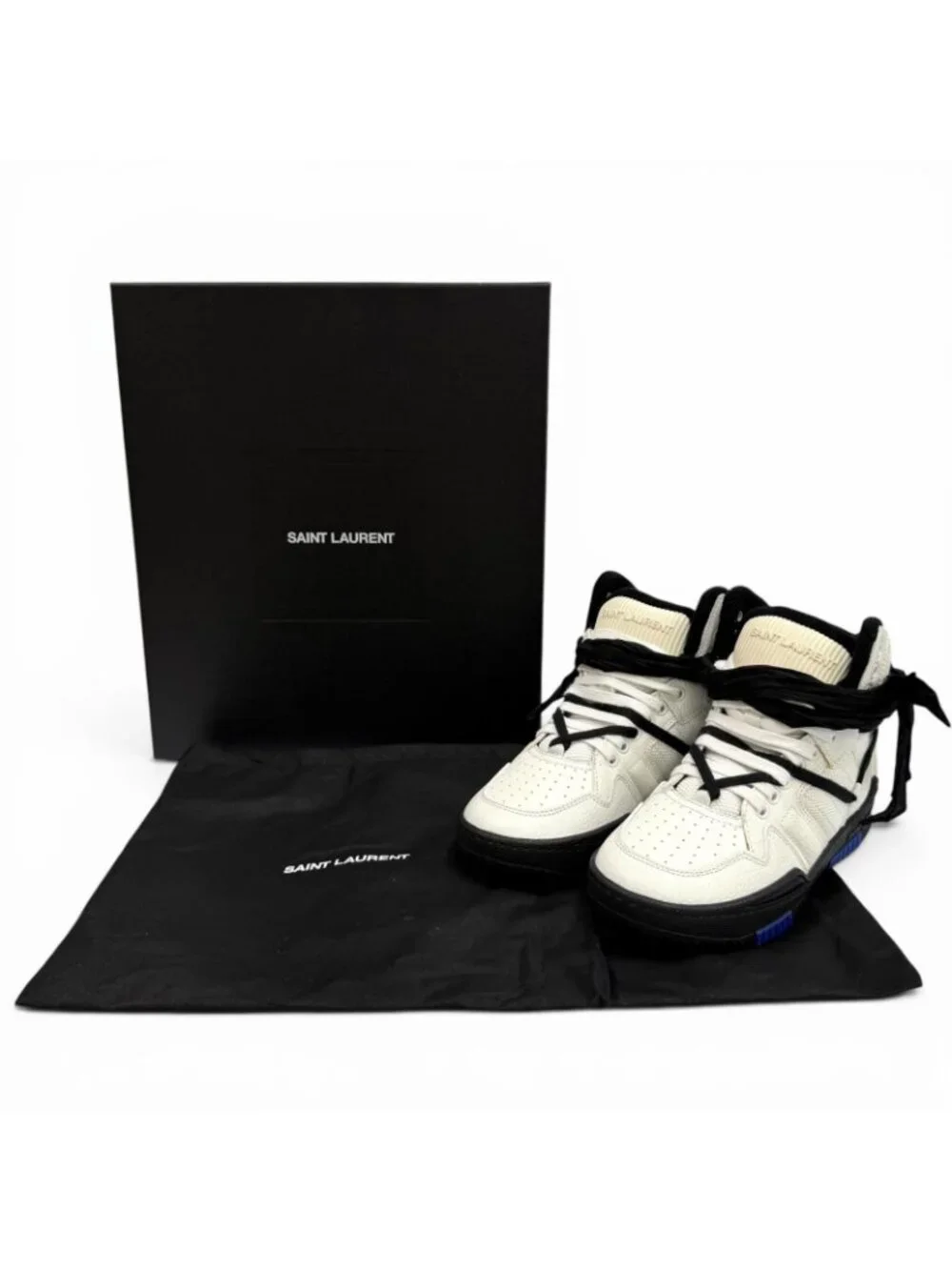 Saint Laurent Smith Logo Embroidered Lace Up Leather High Cut Sneakers White