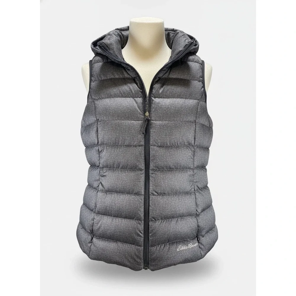 Eddie Bauer Mens Hooded Puffer Vest Heathered Gray Quilted Zip Sleeveless xs