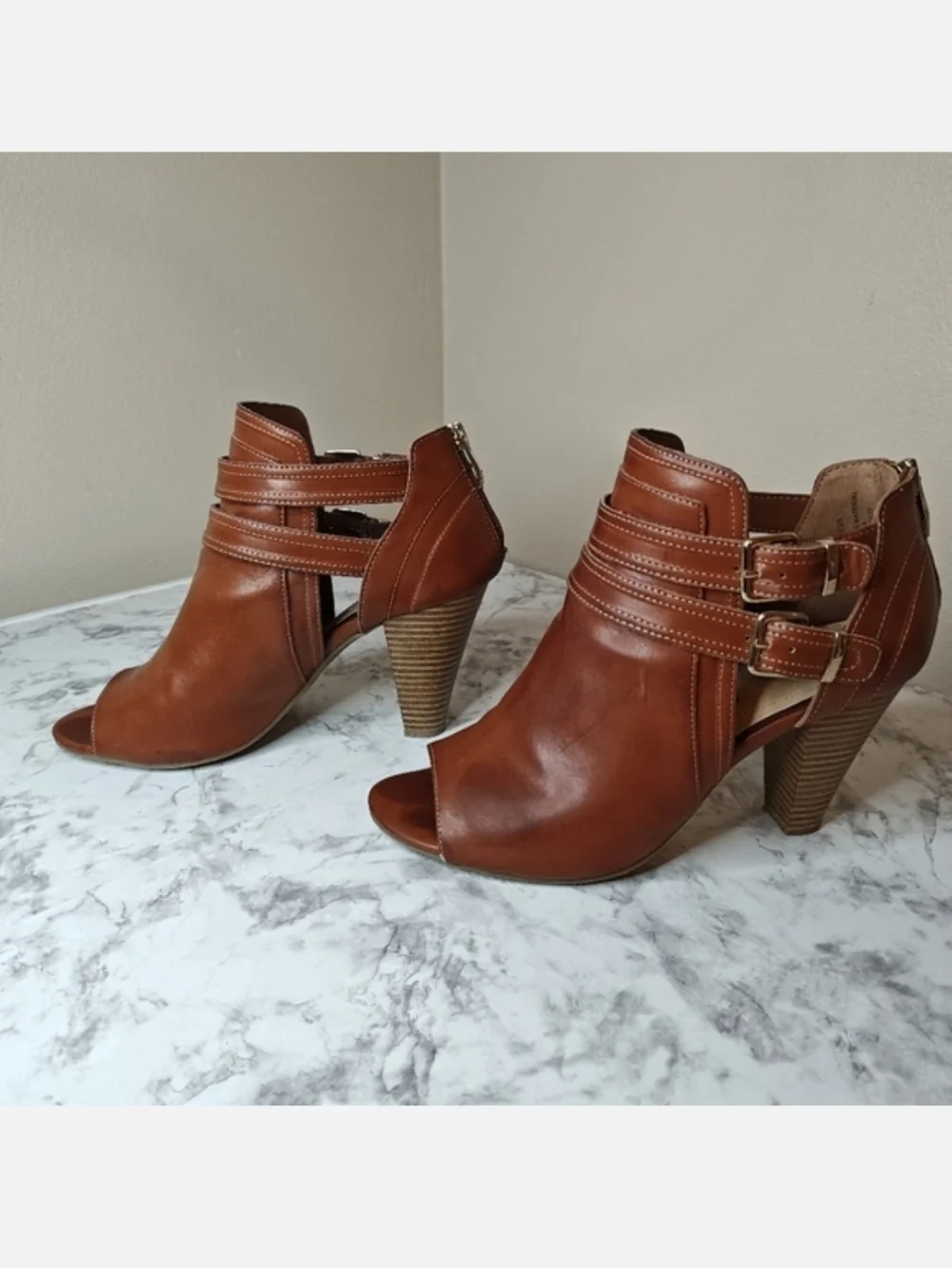 Liz Claiborne Genesis Cognac Peep-Toe Buckle Booties Size 8M