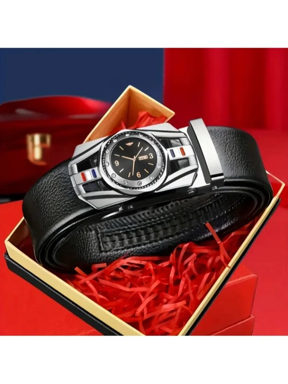 Elegant Fashion Men Belt  Dark Silver Buckle PU Leather Black Length 49 in