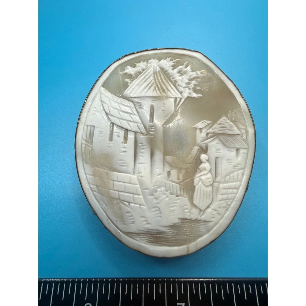 Antique Shell Cameo Brooch Margaret at the Well Village Scene‎ Gold Tone 2.25