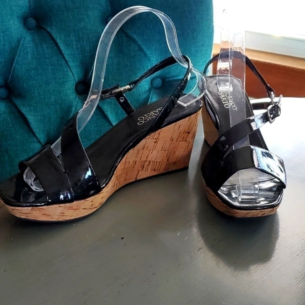 Franco Sarto|Womens  Black/ Cork Strappy Wedge Sandal Heels Evening Office Sz.8