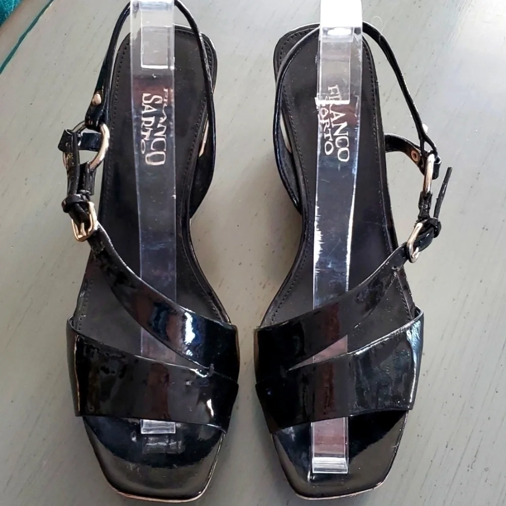 Franco Sarto|Womens  Black/ Cork Strappy Wedge Sandal Heels Evening Office Sz.8