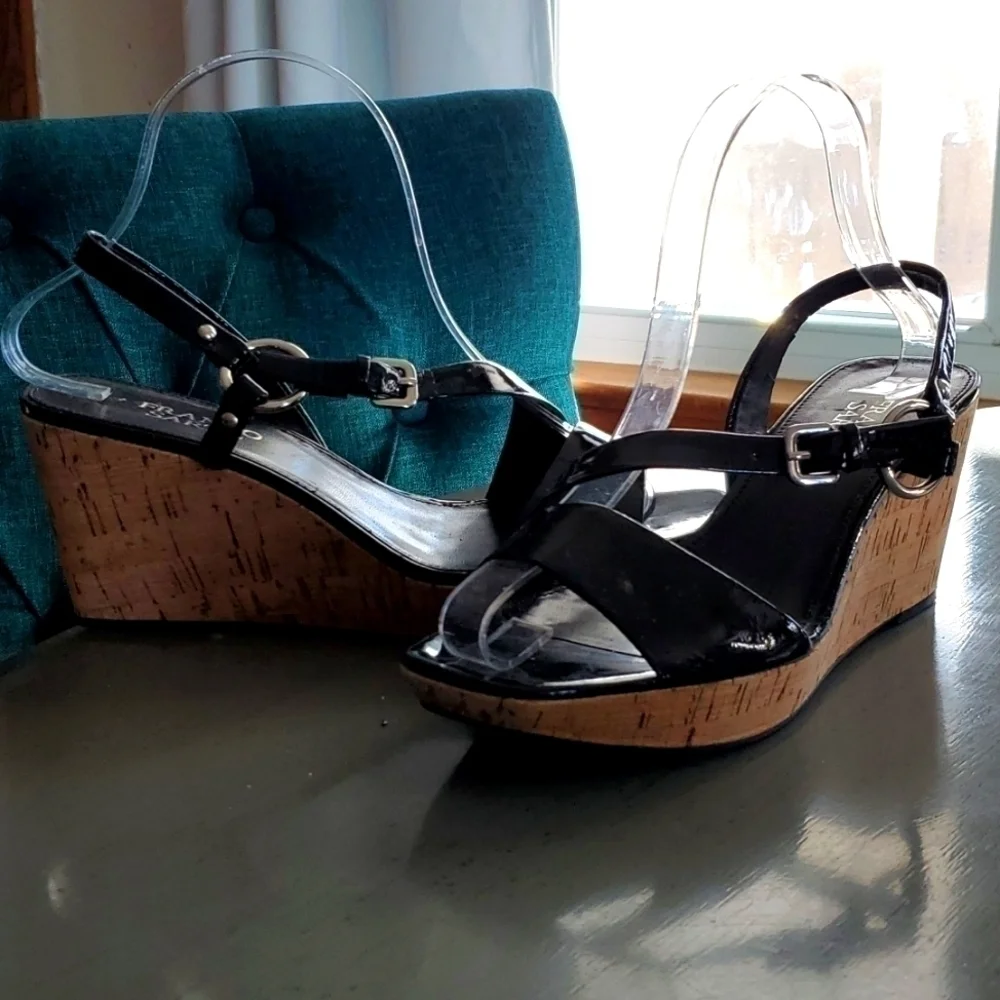 Franco Sarto|Womens  Black/ Cork Strappy Wedge Sandal Heels Evening Office Sz.8