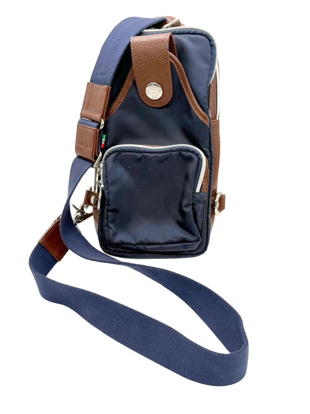 Orobianco Navy Nylon & Brown Leather Crossbody Sling Bag Made in Italy