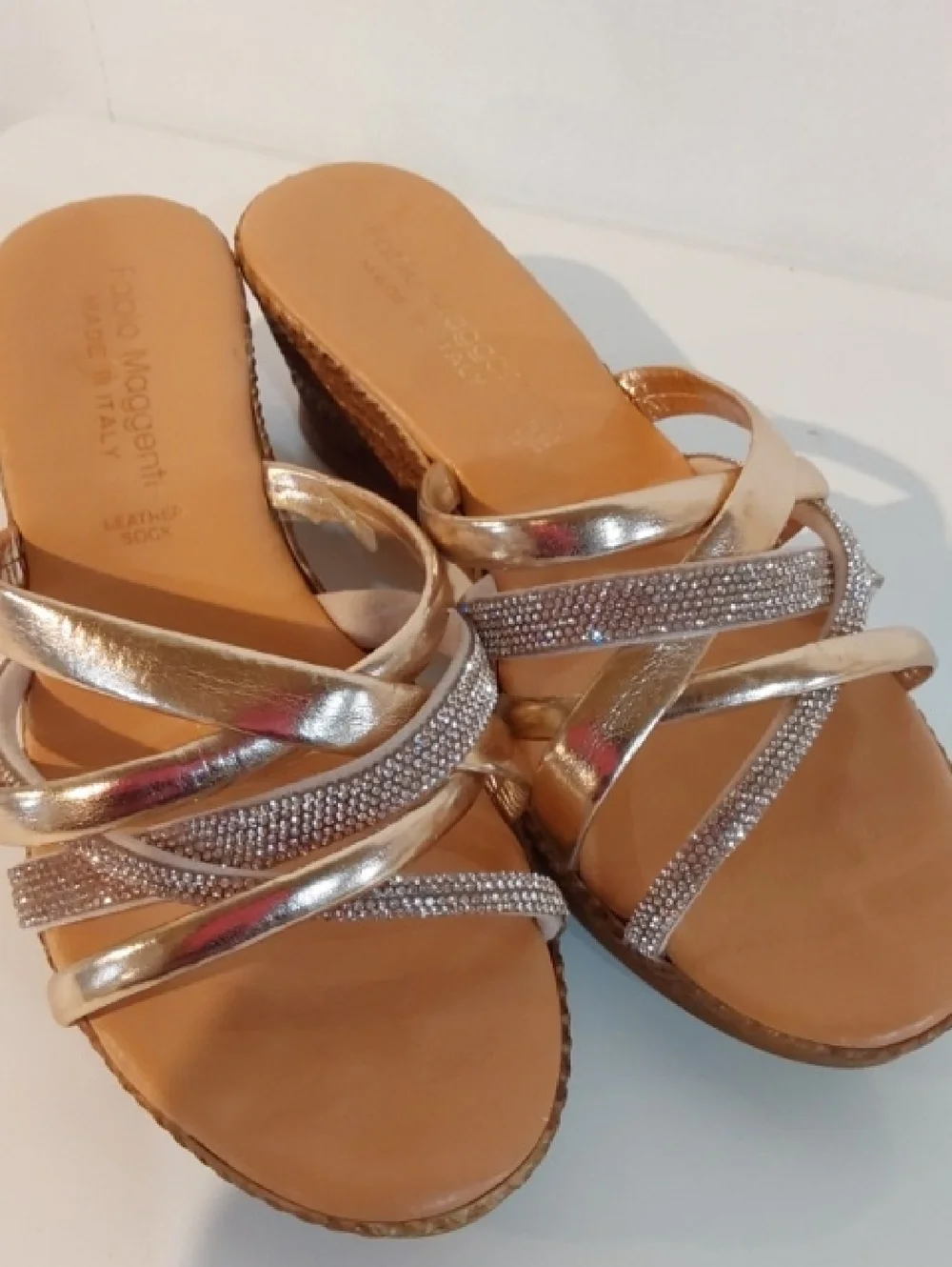 Fabio Maggenti|Wedge Slide Sandals in Metallic Gold/Silver Bling Slip On Sz.7.5