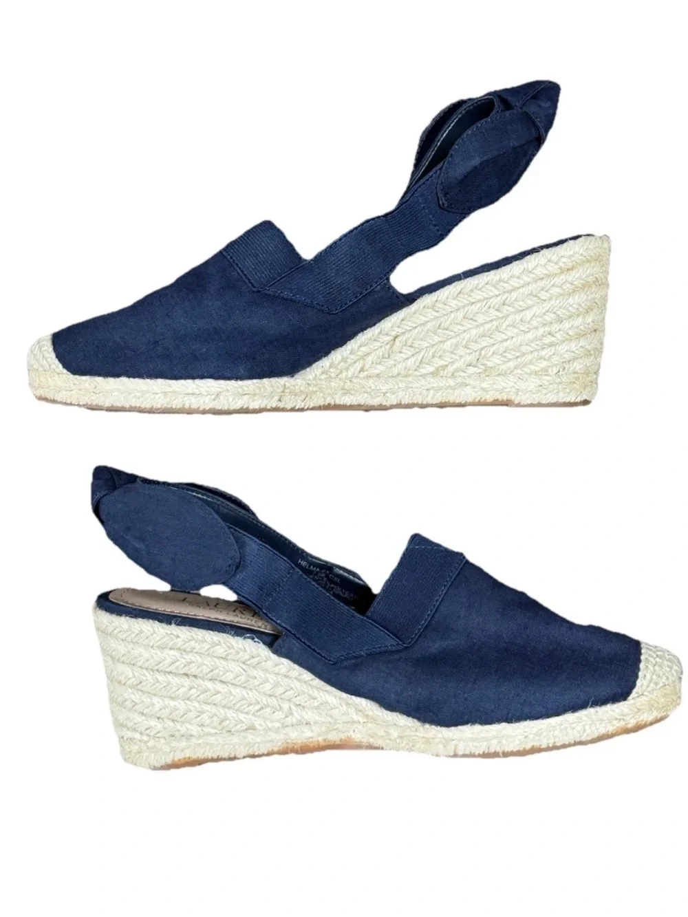 Lauren Ralph Lauren Helma Espadrille Wedge Sandal 7.5B Navy Linen Slingback Jute