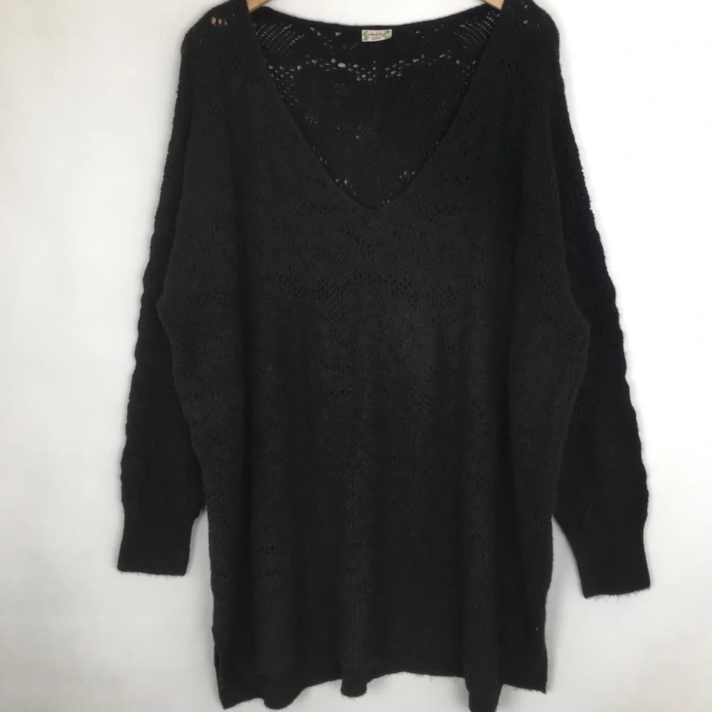 Free People Intimately Free Slouchy Oversized Sweater V-neck Black Wool Blend