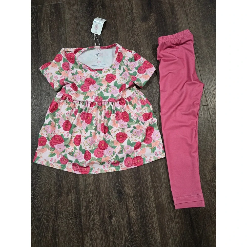 Pete + Lucy Girl 2 Piece Tunic and Leggings Set Pink Rose Floral Boutique 5T NWT