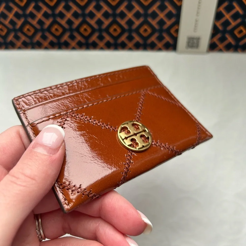 Tory Burch Willa Shine Slim Card Case Java Gold Brown Tan Neutral Card Holder