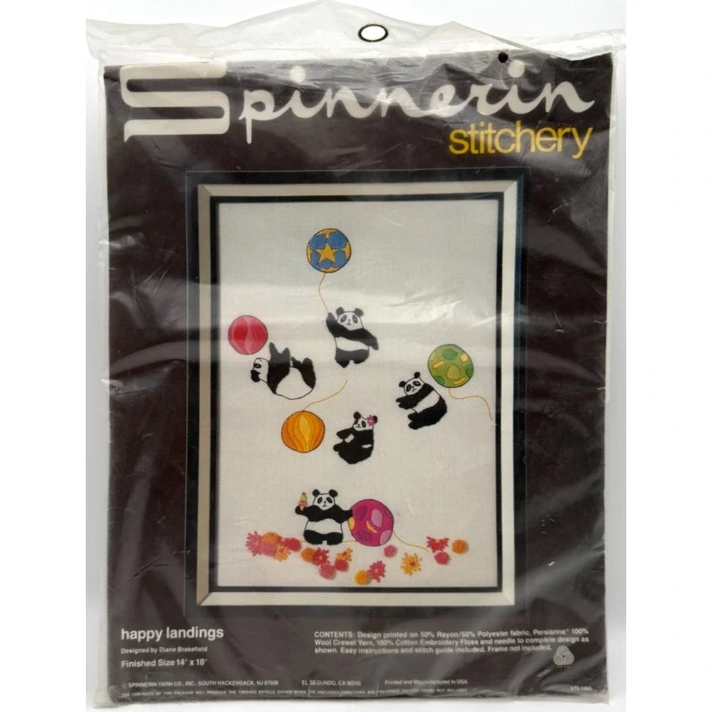 Vintage Crewel Kit Happy Landings Spinnerin Stitchery #ST 1066 Panda NOS Sealed