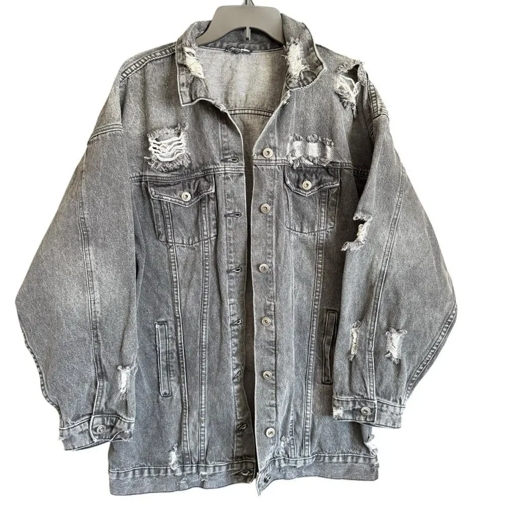 Fashion Nova Oversized Distressed Light Black Denim Jacket Size XL Streetwear
