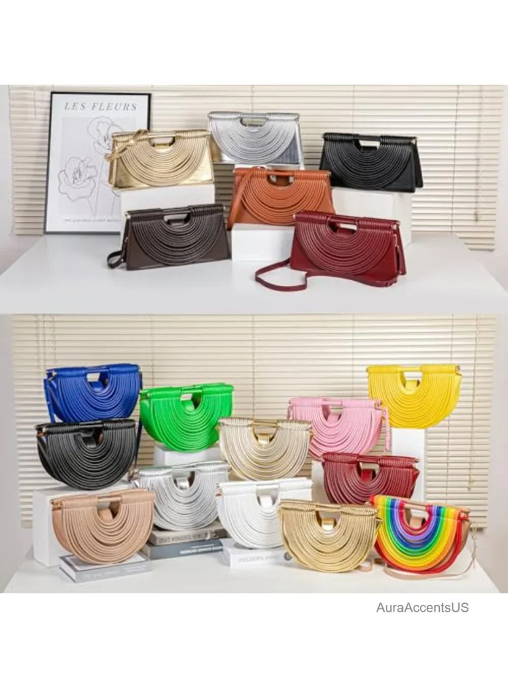 Woven Noodle Half Round Evening Clutch PU Faux Leather Shoulder Crossbody Bag