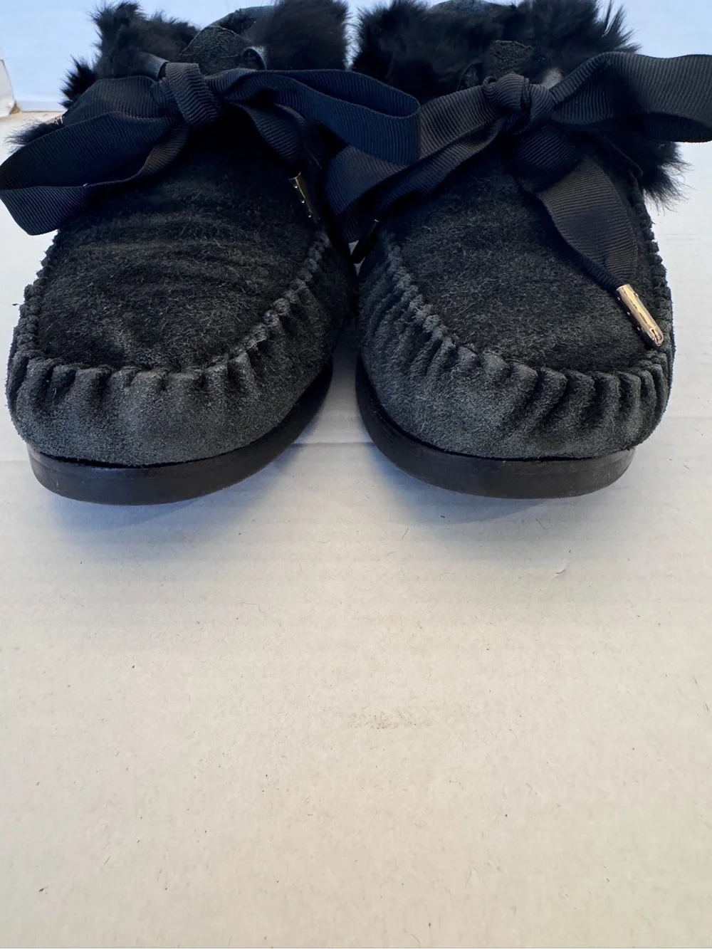 Tory Burch Aberdeen Moccasins Black Suede Fur Ribbon Tie Shoes Womens 8 M