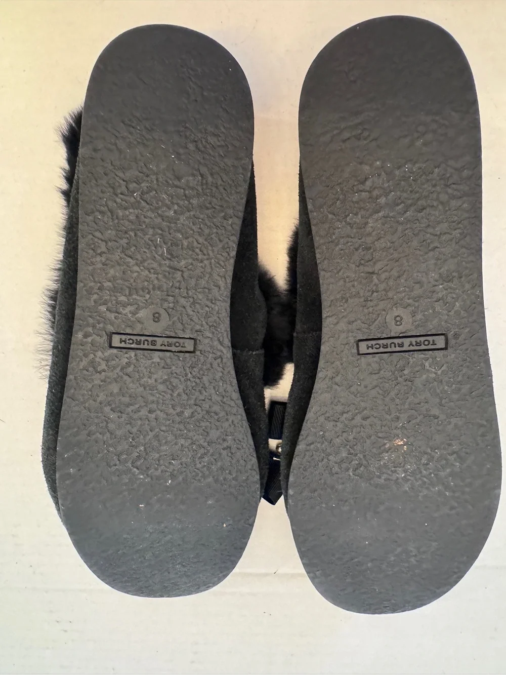 Tory Burch Aberdeen Moccasins Black Suede Fur Ribbon Tie Shoes Womens 8 M