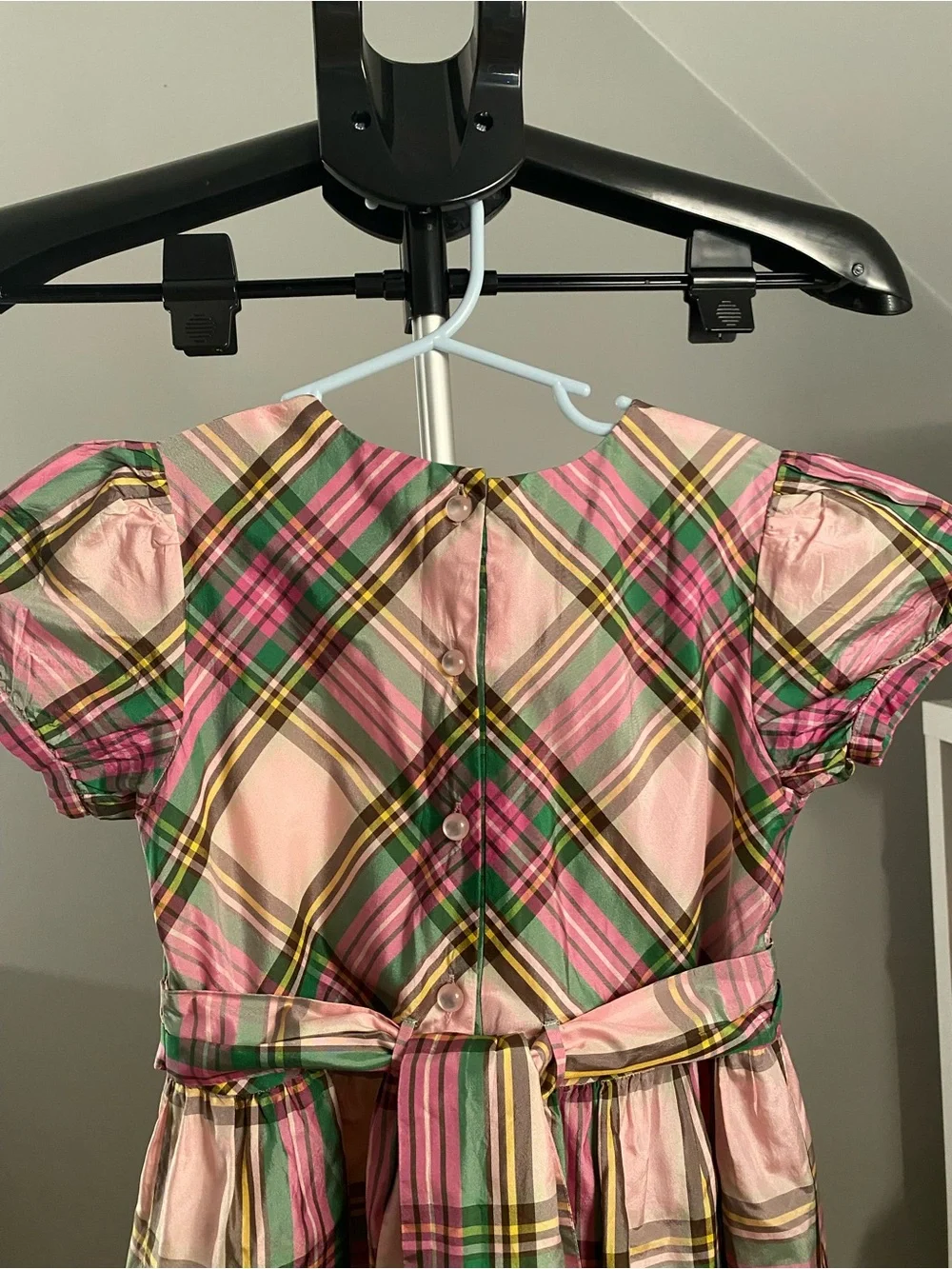 Lands’ End Girls 6X 100% Silk Pink Plaid Puff Sleeve Party Dress EUC