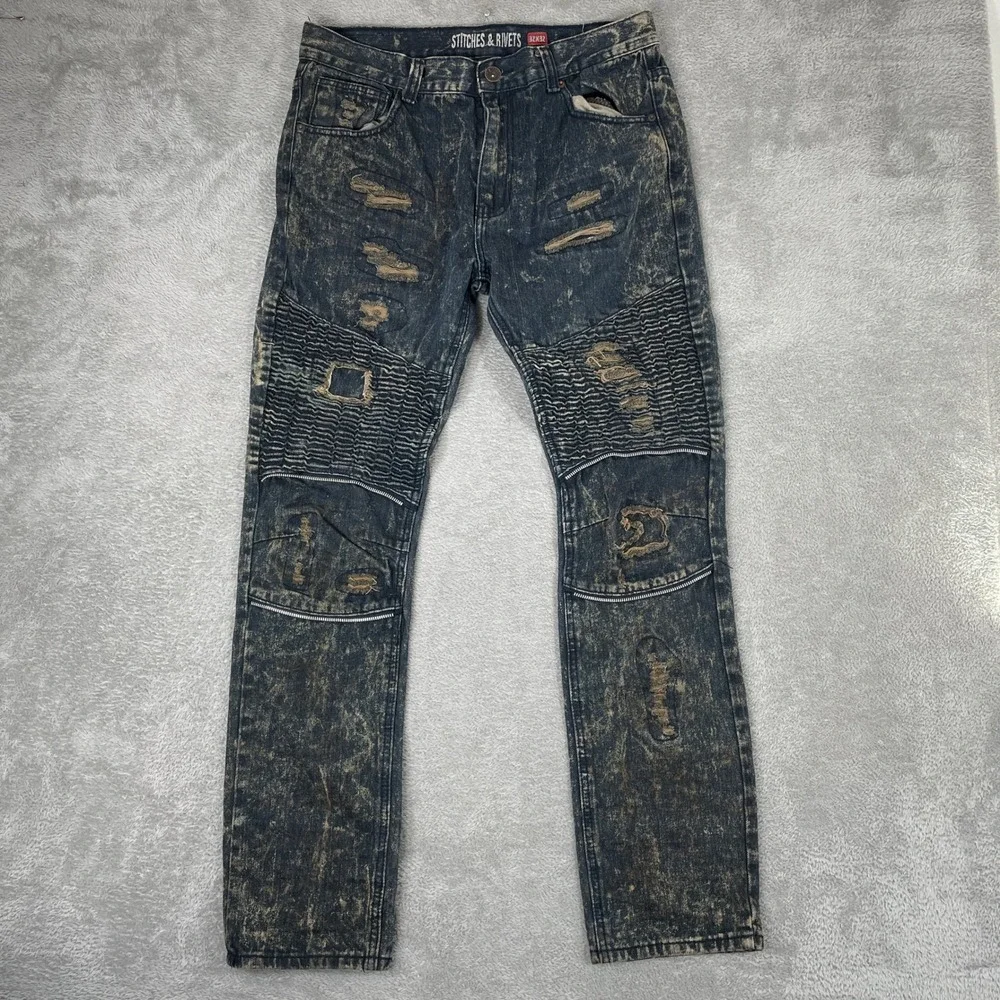Stitches & Rivets Moto Biker Jeans Mens 32x32 Blue Acid Wash Distressed Slim Fit