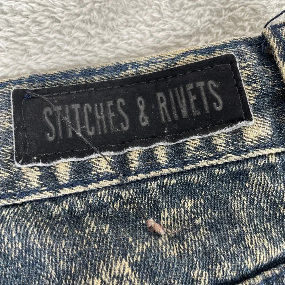 Stitches & Rivets Moto Biker Jeans Mens 32x32 Blue Acid Wash Distressed Slim Fit