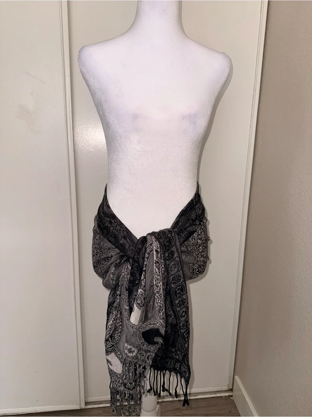 Black Gray Paisley Fringe Wrap Scarf whimsical gothic rave