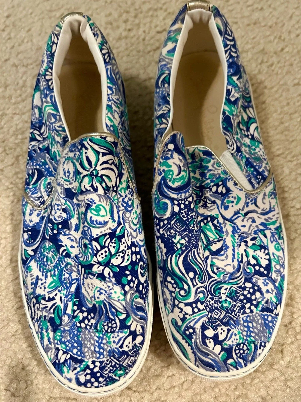 Lilly Pulitzer Blue White Teal Patterned Slip-On Sneakers