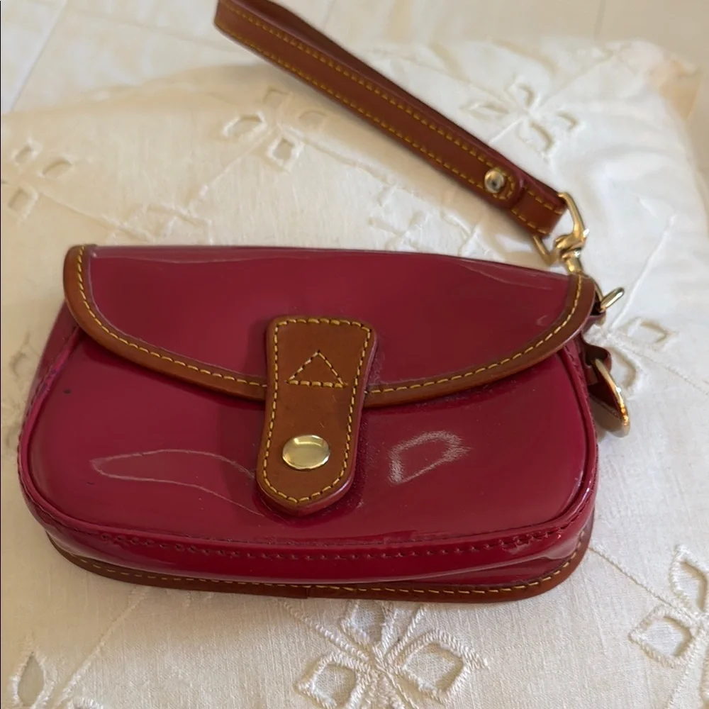 Dooney & Bourke Red and Brown Leather Wristlet with Gold Accents